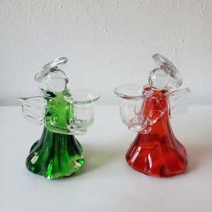 Glass Christmas angel candle holders